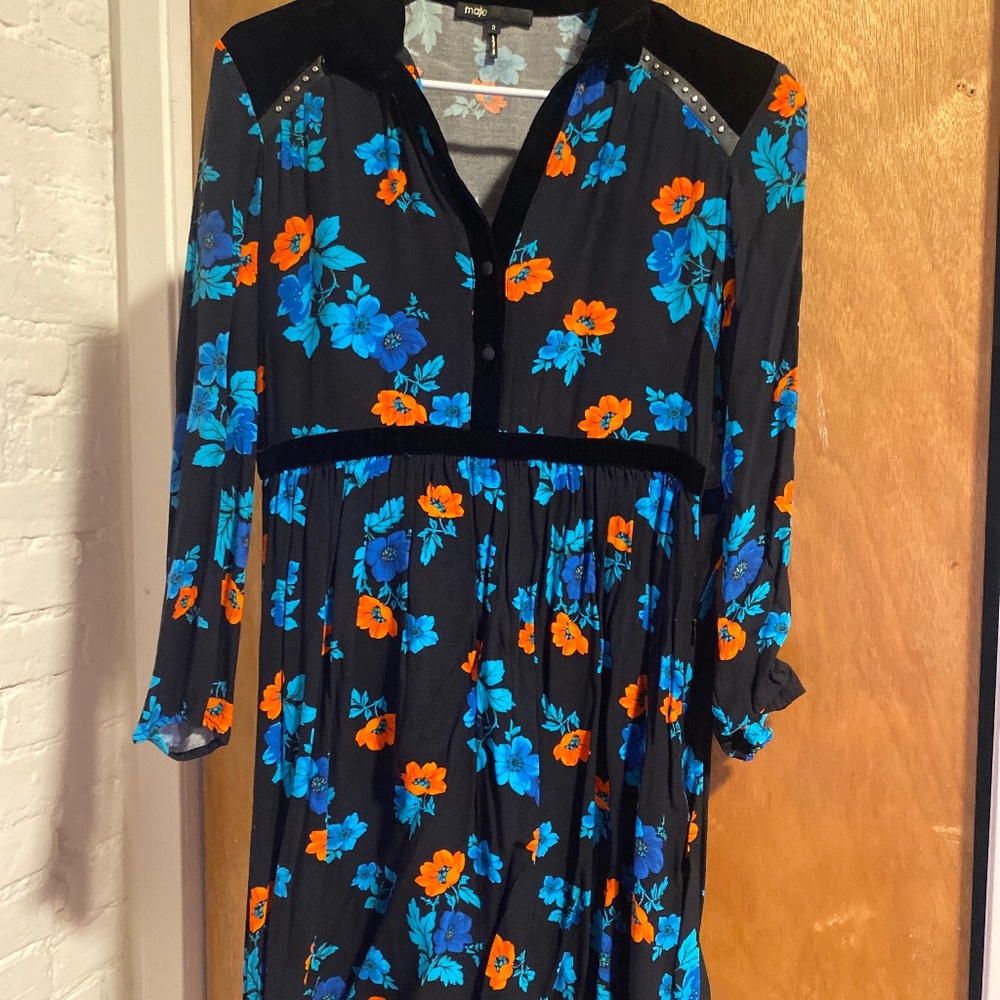 Maje Floral Dress with Velvet and Stud Details